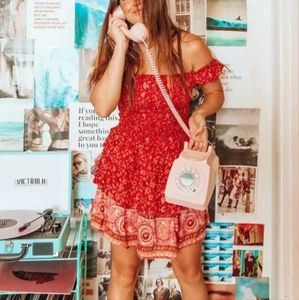 BOHO Gypsy Dreamer off the shoulder Floral printed Red Dress Sizre Large NWT